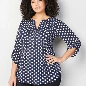 Avenue NEW Polka Dot Popover Top Womens Size 26/28 Blue White Blouse 4X